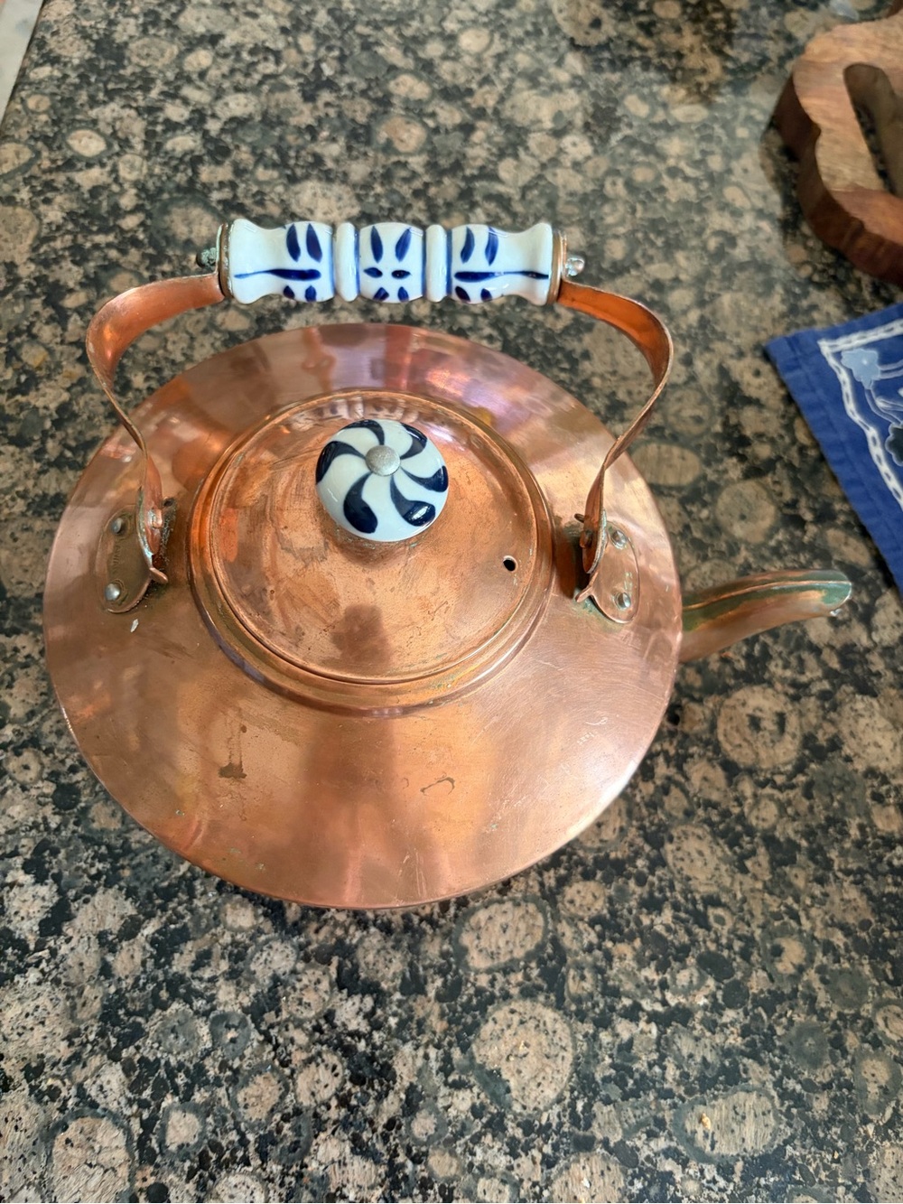 Copper Teapot with Blue and White Ceramic Handle Accents